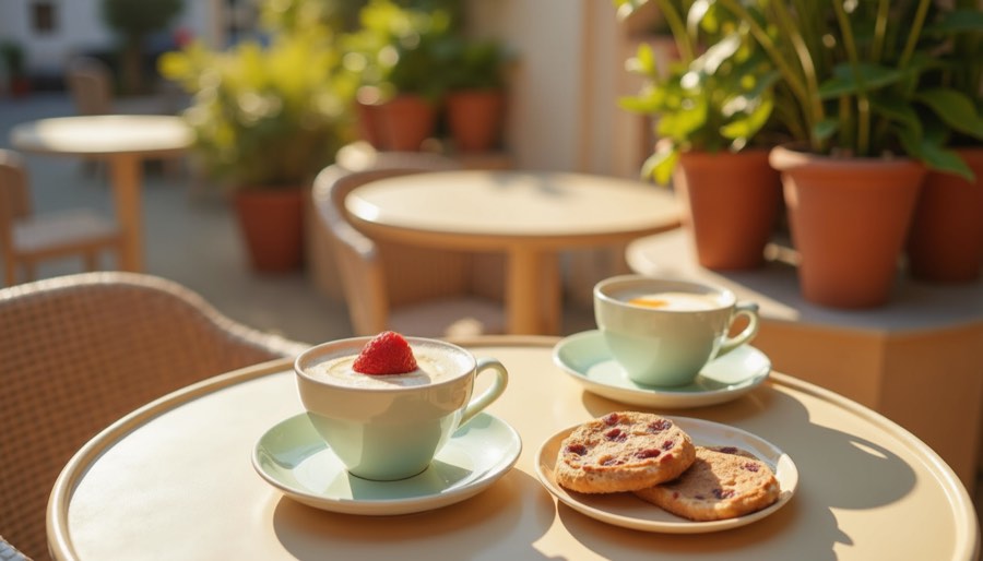 Coffee and pastries on a sunny Lisbon terrace