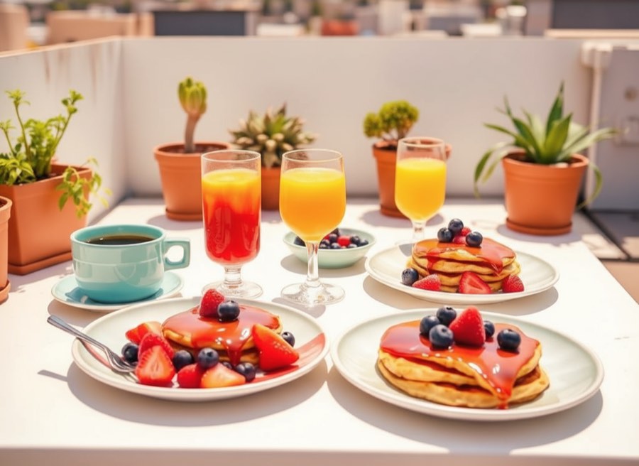 Brunch with pancakes and fresh juice